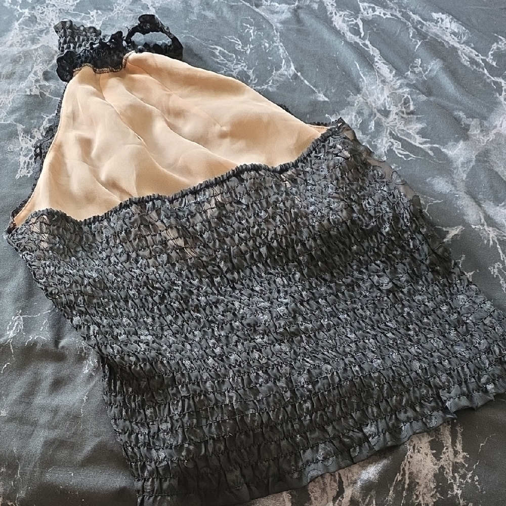 Elegant Black Grey Layered Ruffle No Sleeve Semi See Through Tunic Cropped Top - Picture 4 of 16